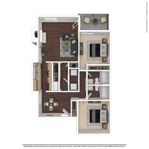 Floor plan for 2 beds, 2 baths, 985 sqft
